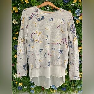 LUCKY BRAND Gray Floral Mixed Media Sweater Medium